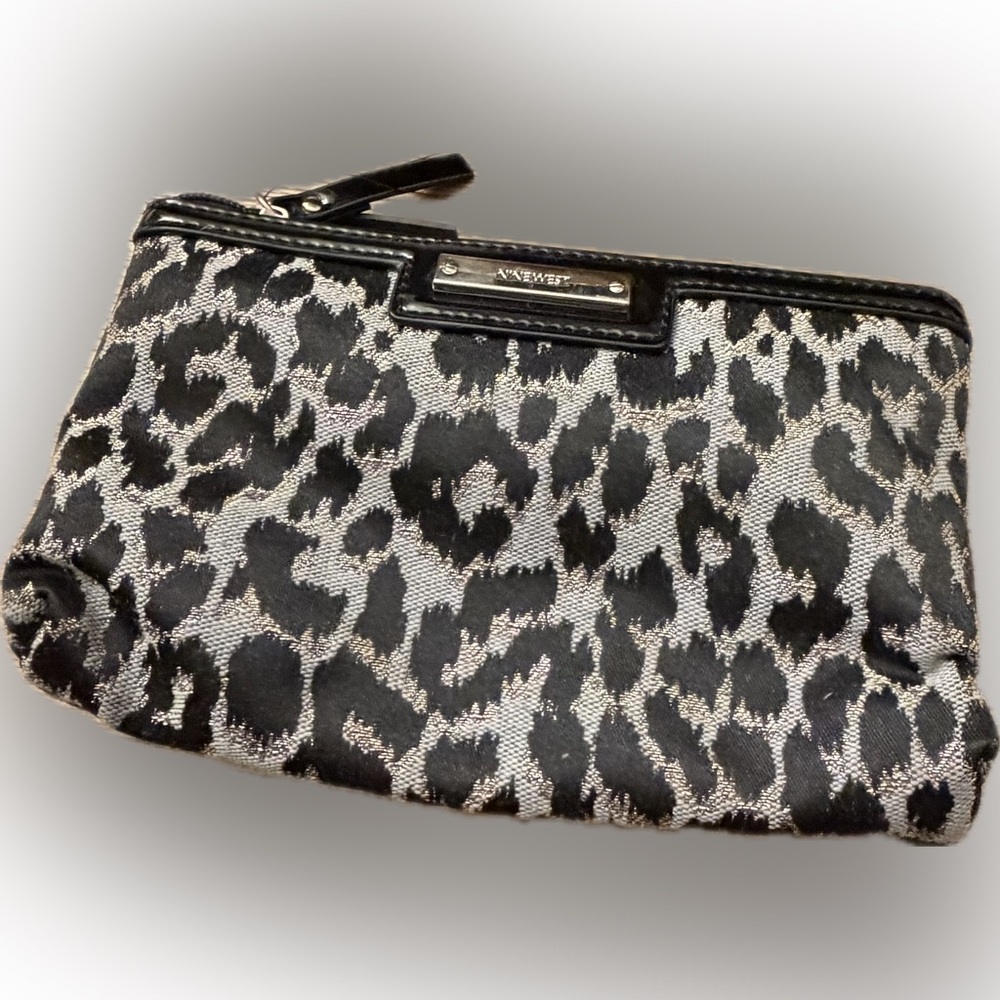 Nine West Cheetah Print Travel Pouch | Black & Gray Snap Closure Bag | NWOT